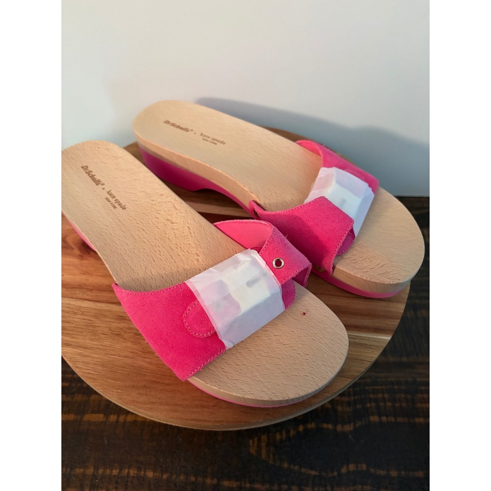 Kate Spade NY x Dr Scholls Size 10 Pink Suede Leather Wooden Slip On Sandals NEW
